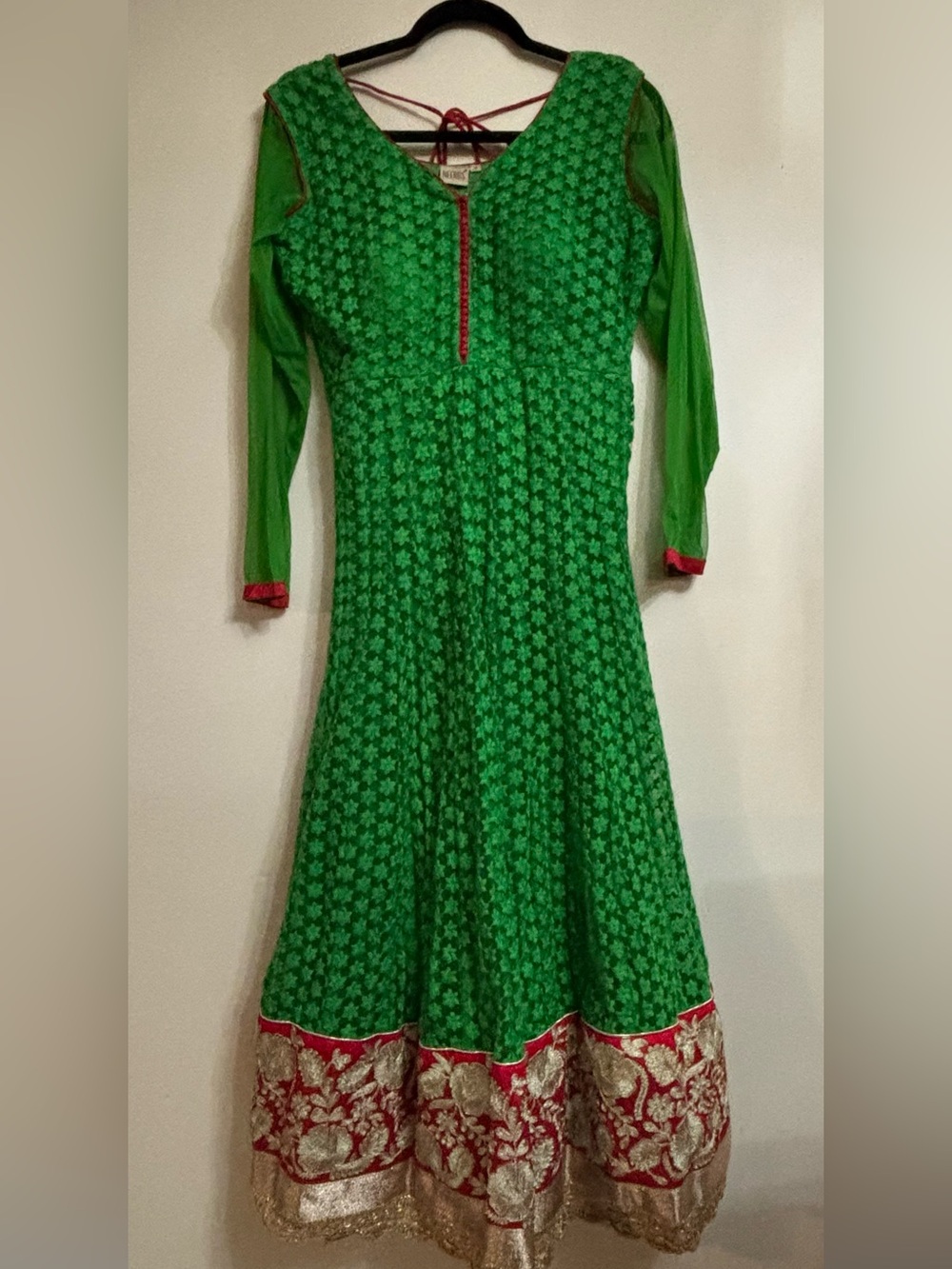 Green Embroidered Anarkali Dress with Red & Gold Border